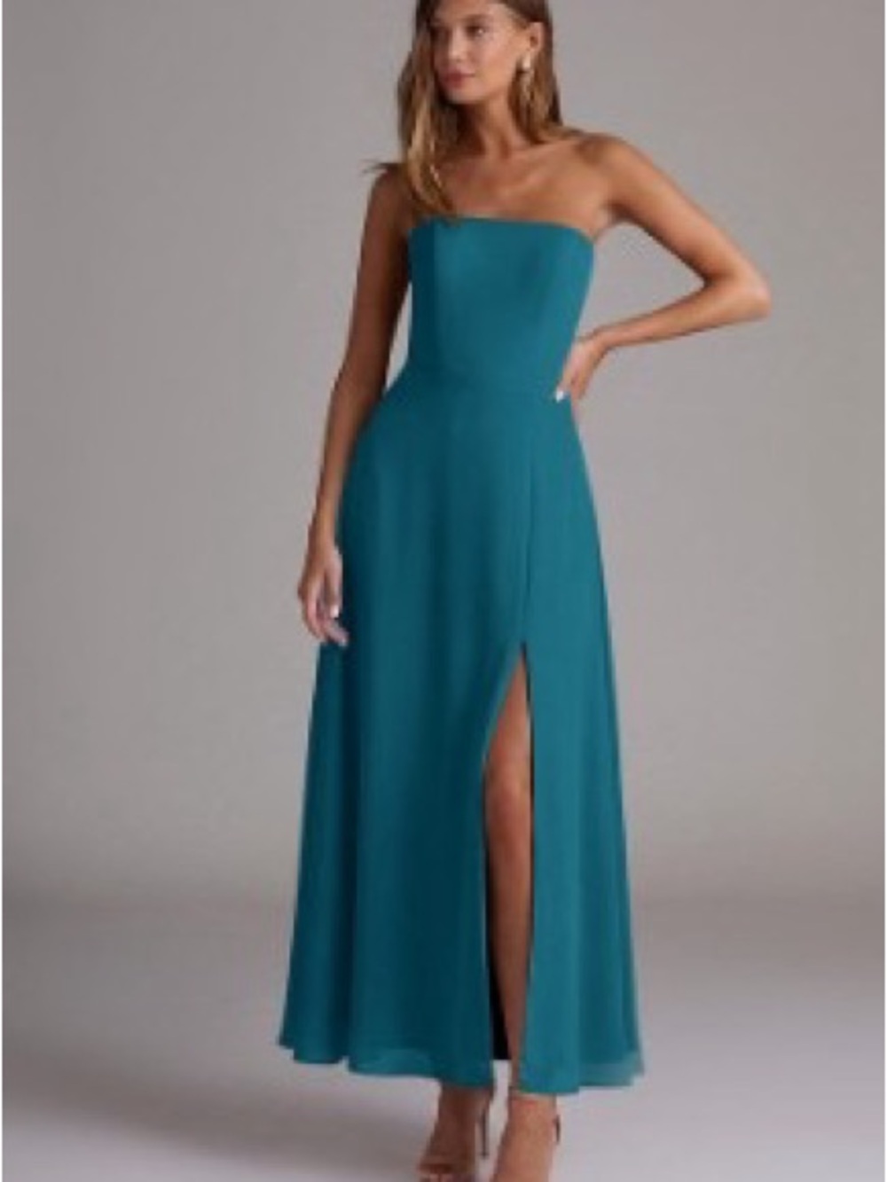 Azazie Strapless Teal Maxi Gown with Front Slit
